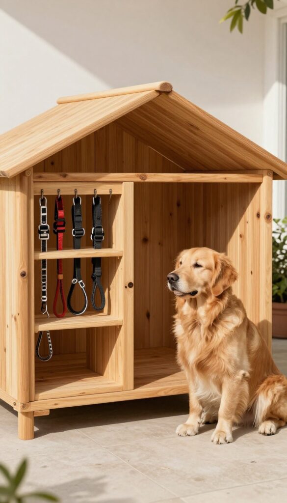 Side shelves on a dog house holding leashes and collars, with a dog sitting nearby