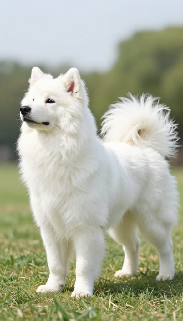 A dog with a feather trim grooming style, featuring elegant flowing fur around the ears, legs, and tail in bright natural light.
