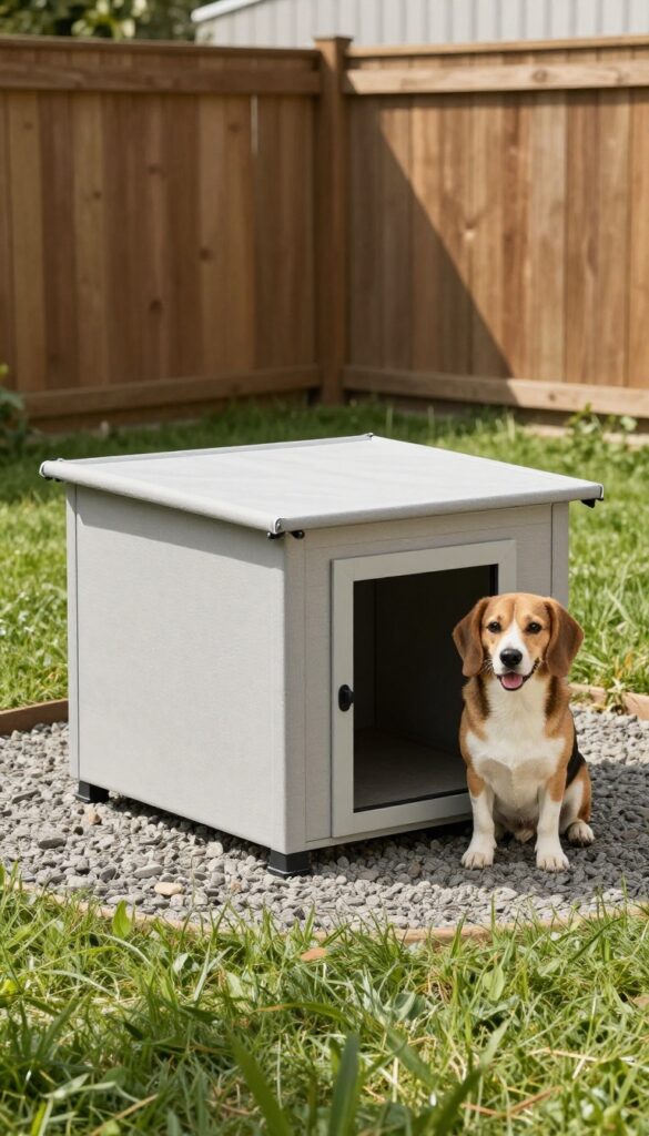 Insulated box style dog house for medium dogs like Beagles and Corgis in a sunny backyard
