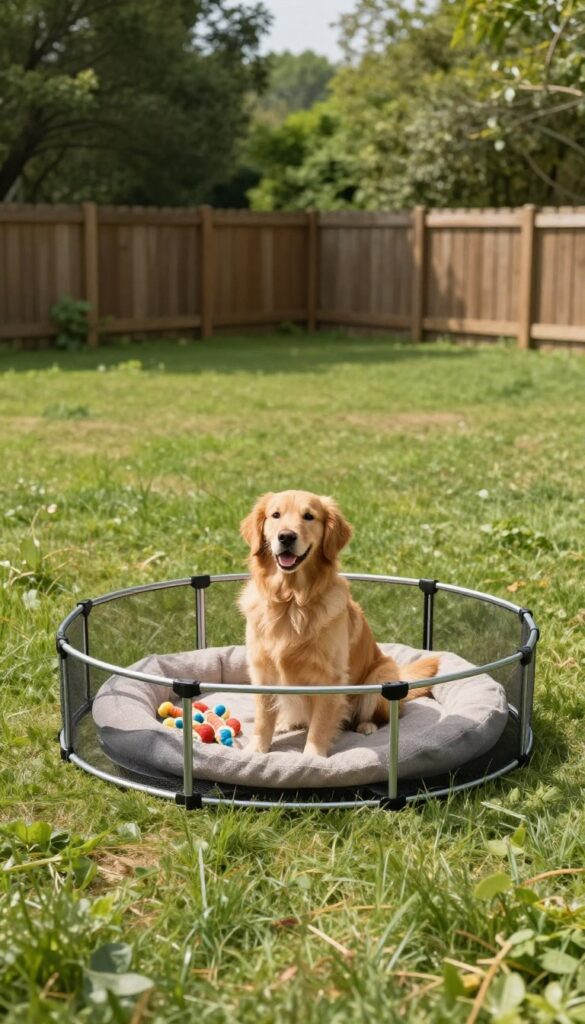 Portable dog playpen on grass with dog inside, no ground installation, bright natural light