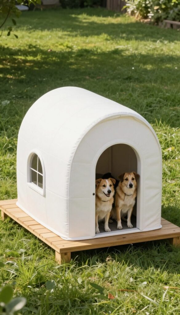 Two dogs inside an insulated igloo dog house on a raised platform in a sunny backyard
