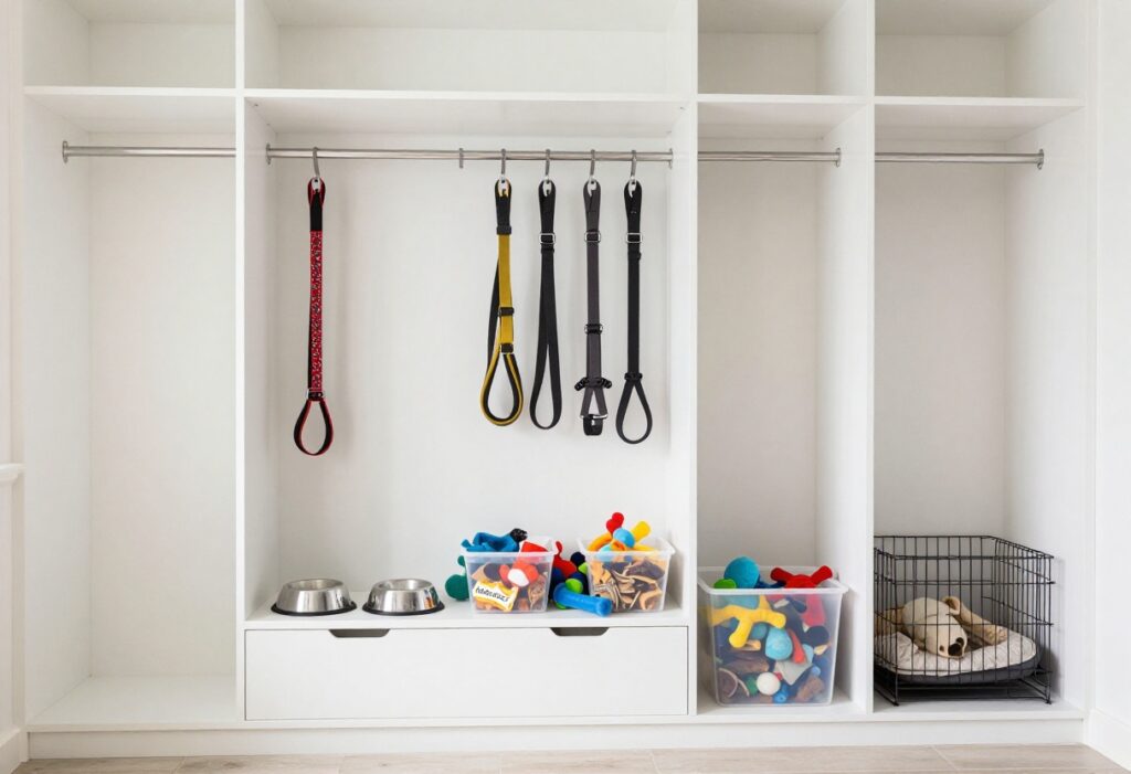 Organized closet dog supply station with pull-out feeding drawer, leash rack, and crate