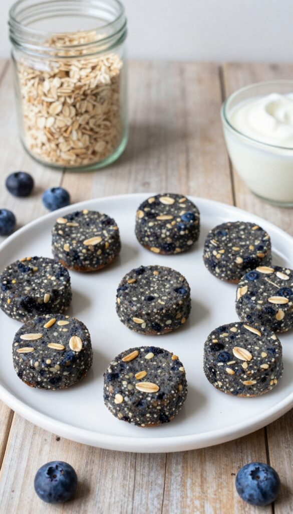 A close-up of blueberry yogurt crunch drops, homemade dog treats for itchy skin, featuring speckled texture with blueberries and oats, served on a ceramic plate with natural props like yogurt and oats, in a bright, clean setting.