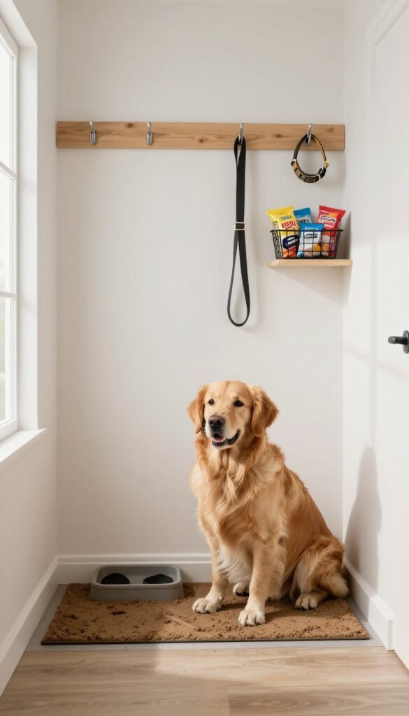 Bright mudroom entryway with dog zone featuring washable mat, boot tray, hooks for leash and collar, and basket for supplies.