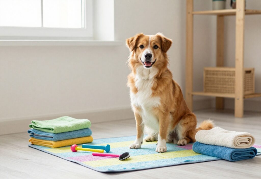 A vibrant dog grooming corner with colorful accessories and a happy dog, showcasing a practical and cheerful home setup for pet care.