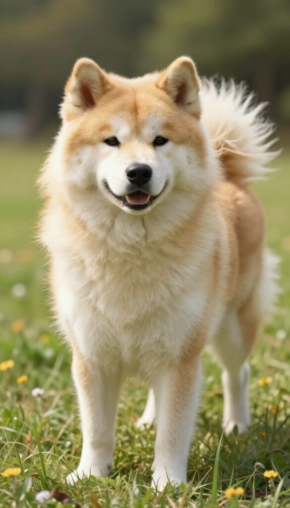 A Hokkaido-Inu dog with a bear cut grooming style in an outdoor natural setting under bright light, showcasing its full, even trim for warmth and weather resistance.