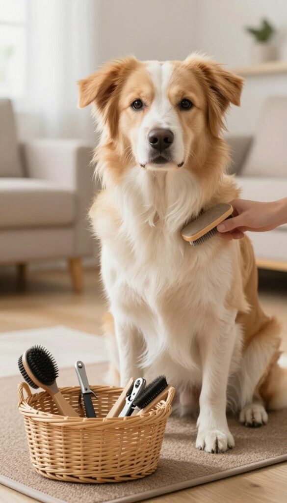 A calm dog being groomed at home on a non-slip mat with tools in a basket, showcasing a weekly routine for beginners in natural light.