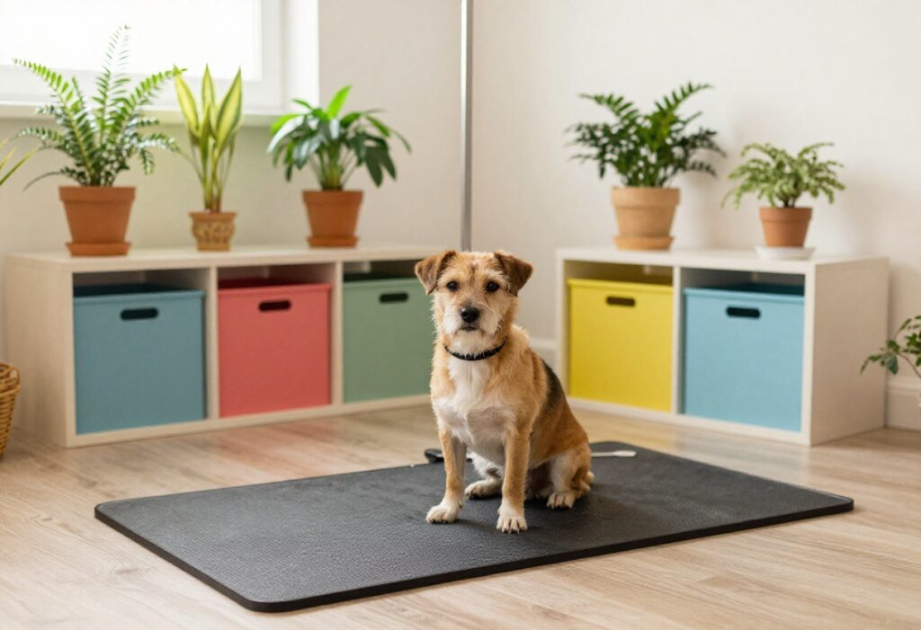 A cozy dog grooming setup with a small dog, organized supplies, and decorative elements in a home environment.