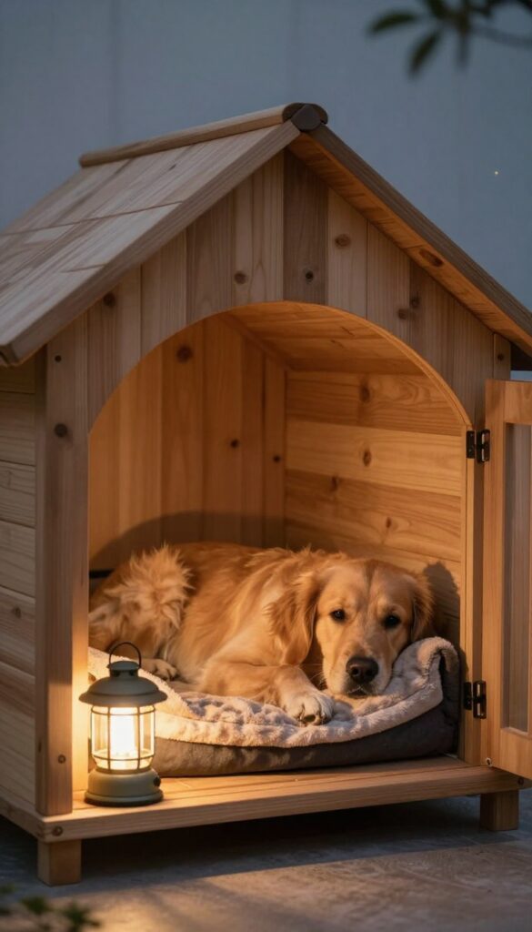 Cozy dog house interior with soft warm lighting from a lantern, featuring a relaxed golden retriever on a plush bed.