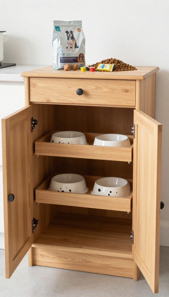 Converted cabinet with pull-out bowls and drawers for dog feeding station
