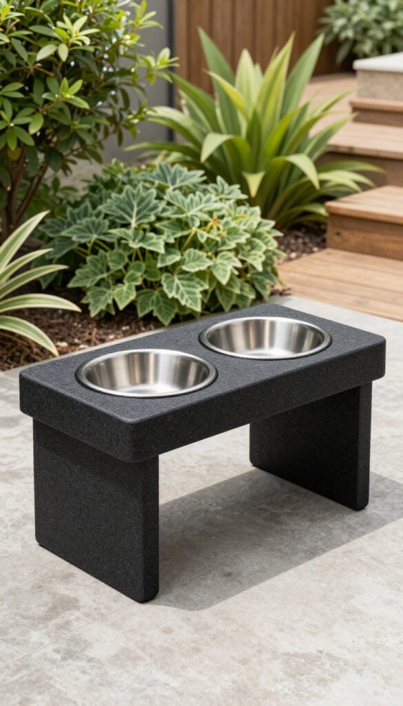 A black stone composite feeding bench for dogs in an outdoor setting with integrated bowl holders and natural light.