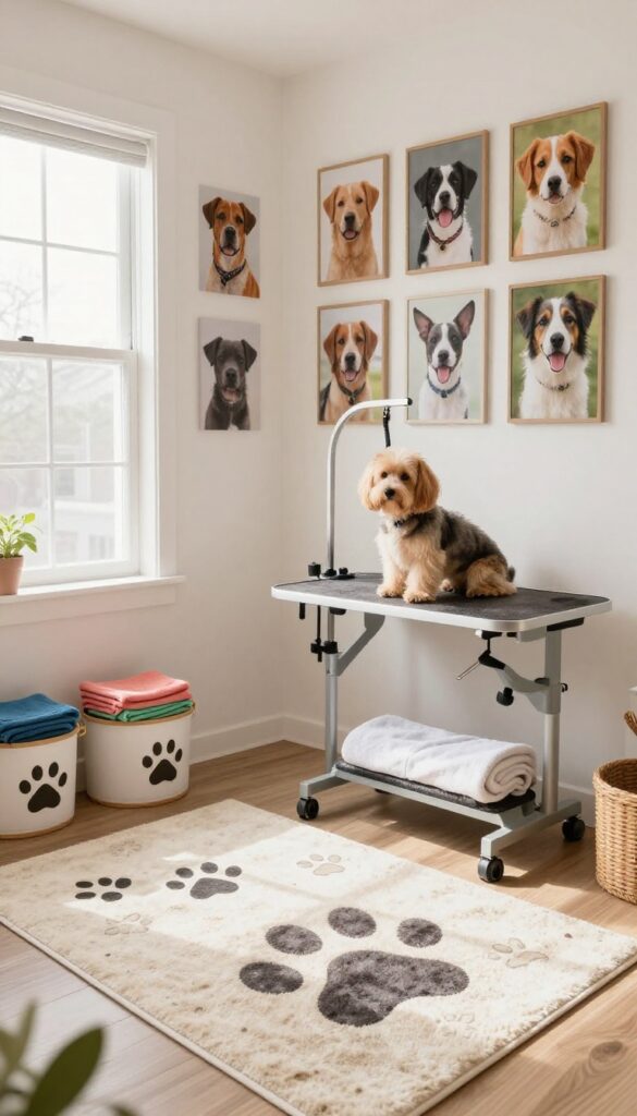 A welcoming home dog grooming area decorated with dog-themed photos and rugs in bright natural light