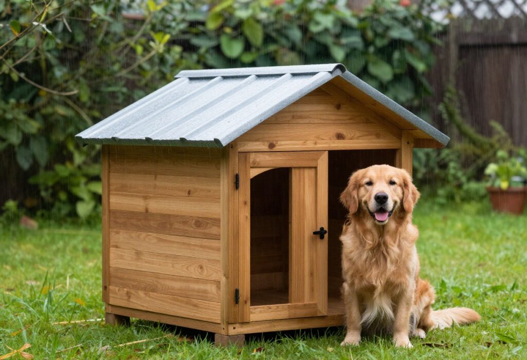 Elevated wooden dog house with metal roof in rainy backyard, golden retriever peeking out