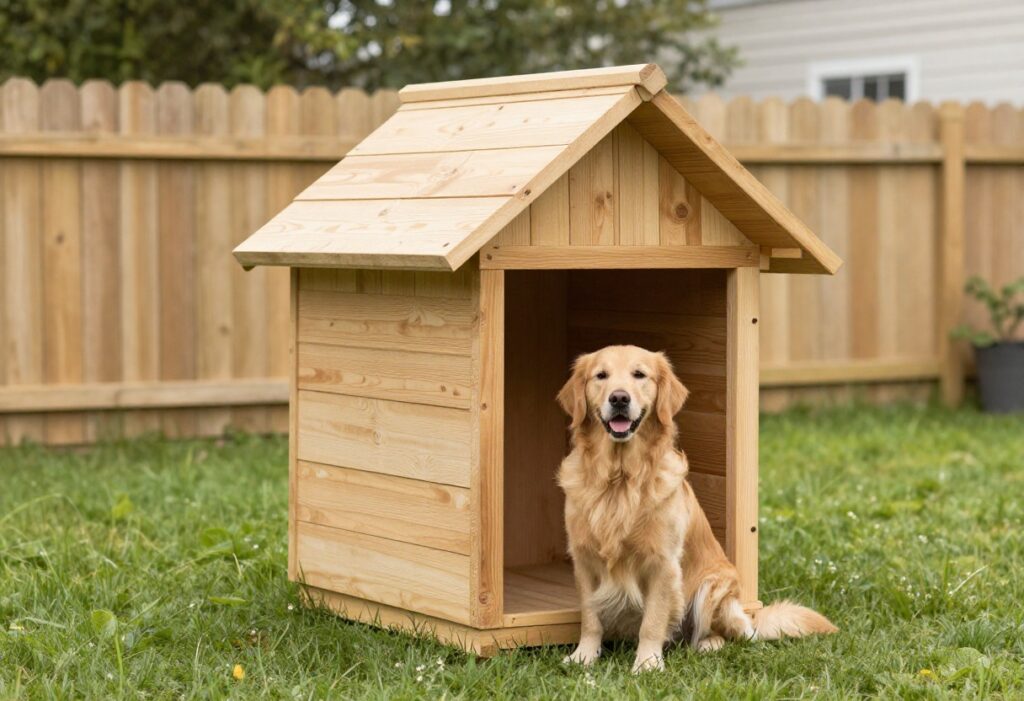A wooden A-frame dog house in a backyard with a golden retriever sitting beside it.