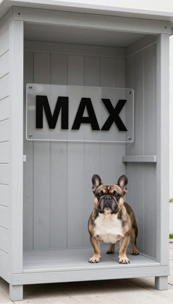 Modern acrylic dog house sign on a covered patio with a French Bulldog