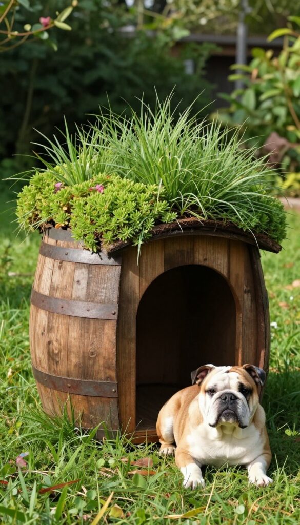 Rustic barrel dog house with a green roof in a sunny garden