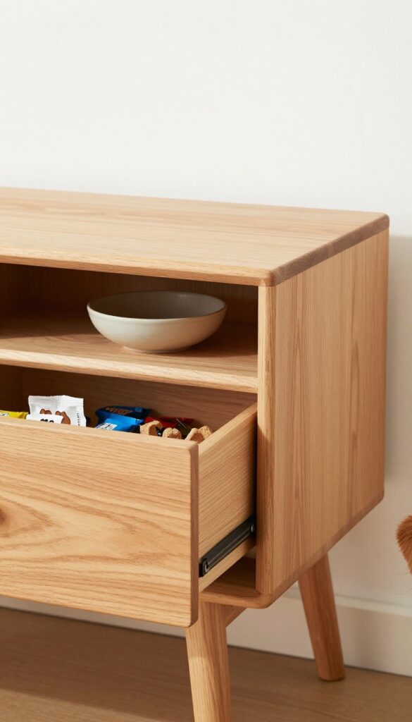 A photorealistic image of a modern side table with hidden dog bowl holders and a drawer for pet supplies in a bright living room setting.