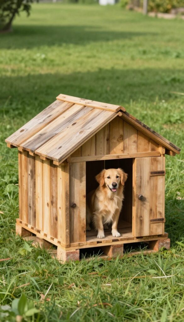Upcycled pallet dog house in a sunny backyard with a dog peeking out, photorealistic rustic style.