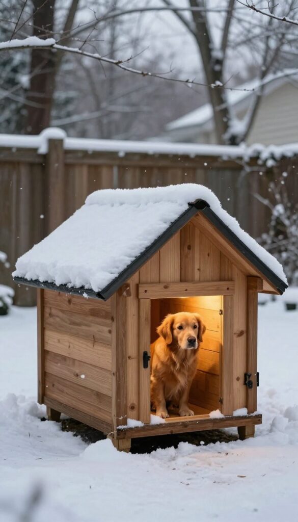 Golden retriever in heated dog house during snowy winter
