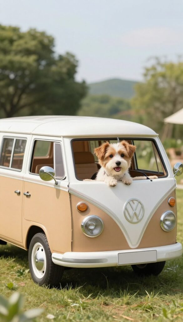 Small dog peeking out of a cardboard camper van dog house on a sunny patio