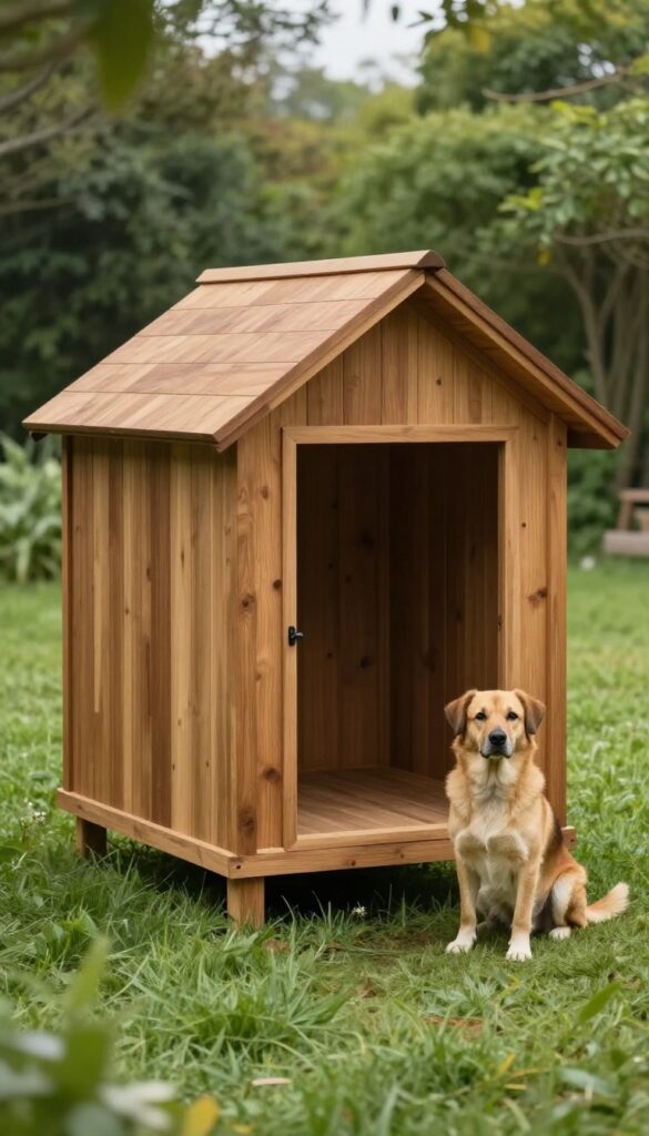 Mid-century modern A-frame dog house in backyard with dog