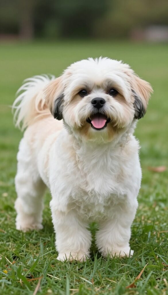 A Shih Tzu with a lion cut grooming style, showcasing short body fur and fluffy mane and tail, in natural light on grass.