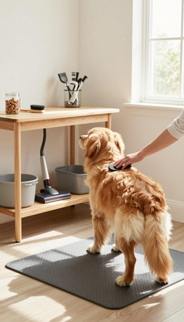 Dog standing on non-slip mat on low table in grooming corner with tools and treats nearby