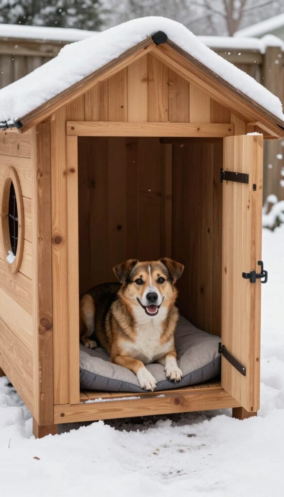 Insulated dog house with heated pad in snowy backyard, dog peeking out