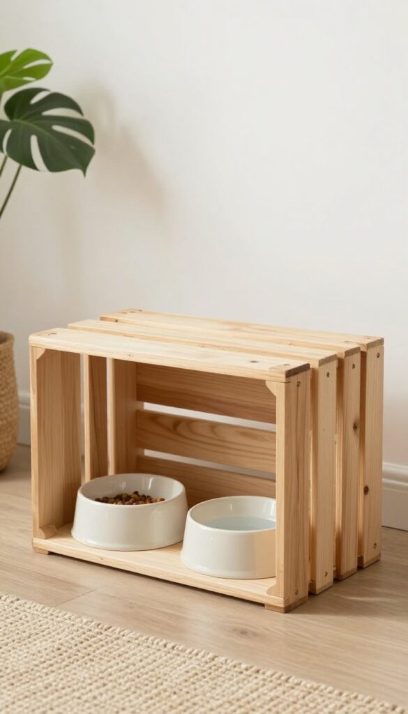 A DIY dog feeding stand crafted from an upcycled wooden crate, elevating ceramic bowls in a bright, natural-lit home setting.
