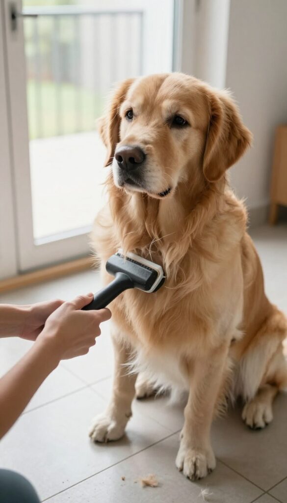 A Golden Retriever being groomed with a de-shedding tool on a tile floor during shedding season, illustrating seasonal grooming tips for cleaner homes and happier dogs.