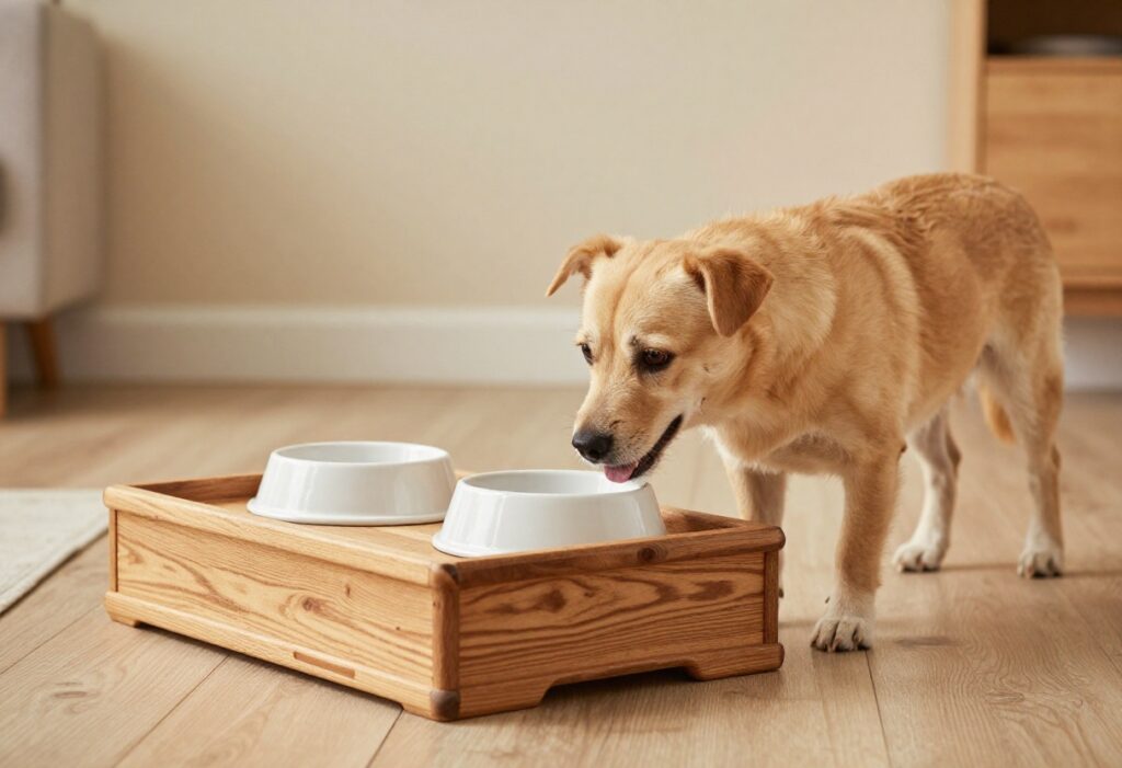 Amish-style wooden dog feeding station with bowls and storage in a tidy home corner, showcasing a dog ready for mealtime.