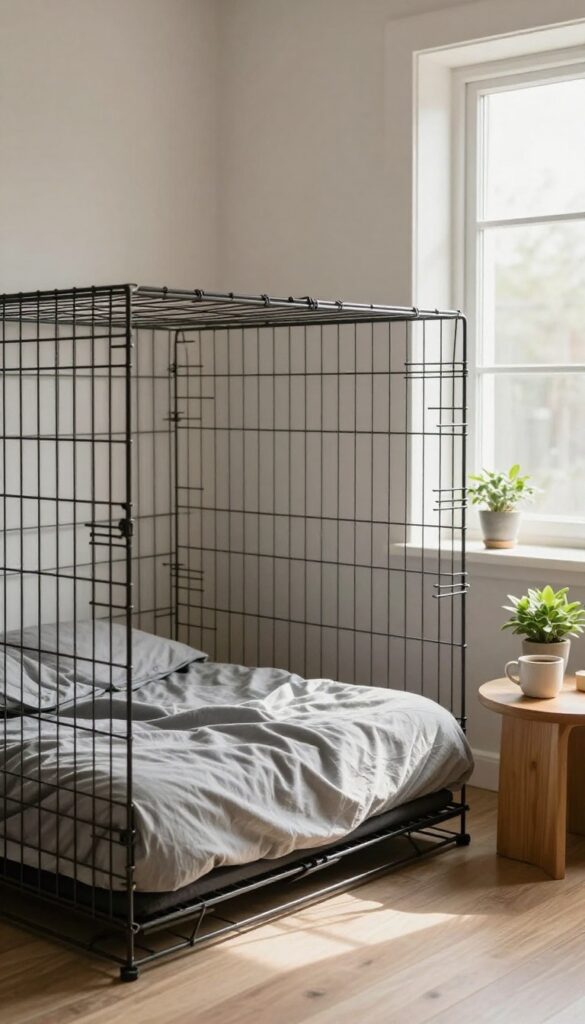 Indoor dog crate with wooden tabletop serving as side table in bright living room