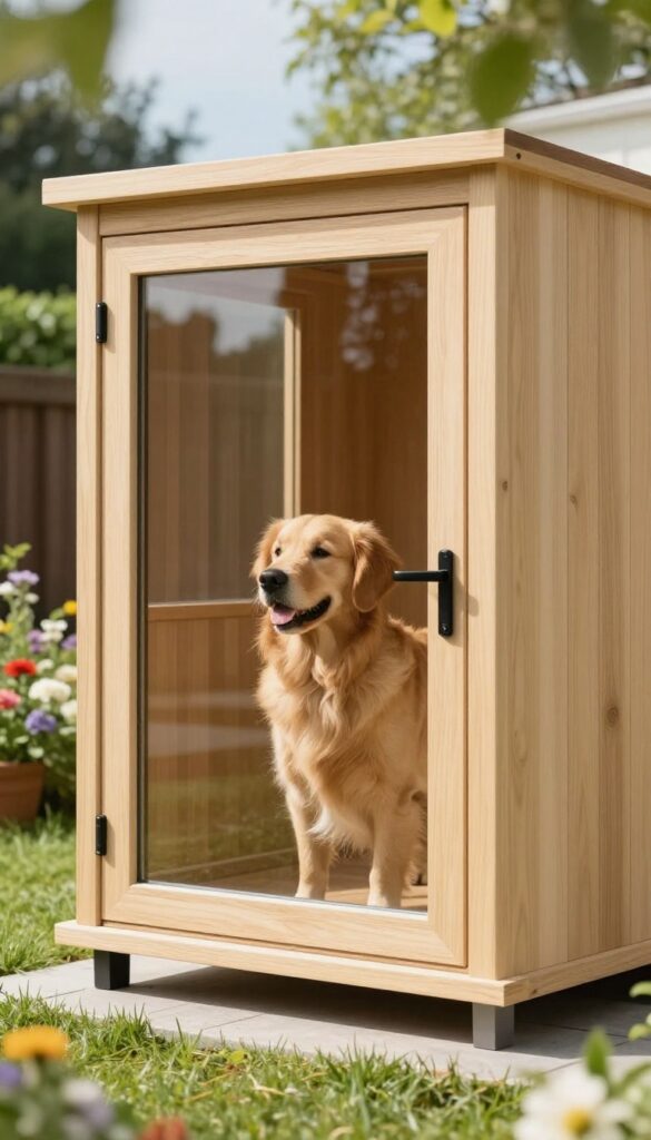 Modern glass door dog house with a golden retriever looking out through the glass panel in a sunny backyard.