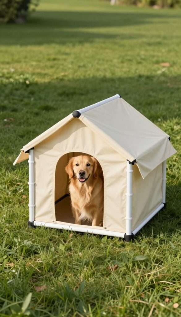 Lightweight PVC pipe frame dog house with canvas cover on green grass, golden retriever inside