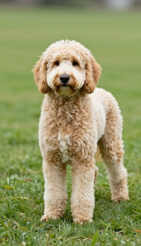 Goldendoodle with tapered leg haircut standing in natural light, demonstrating a sleek and tidy grooming style for active dogs.