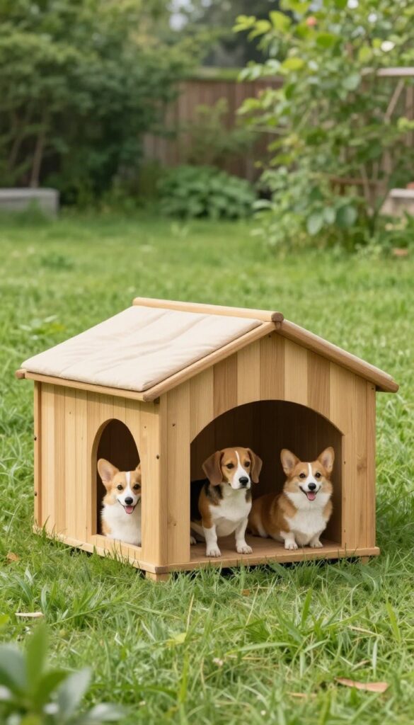 Multi-dog house with three separate sleeping nooks and shared entryway in a sunny backyard