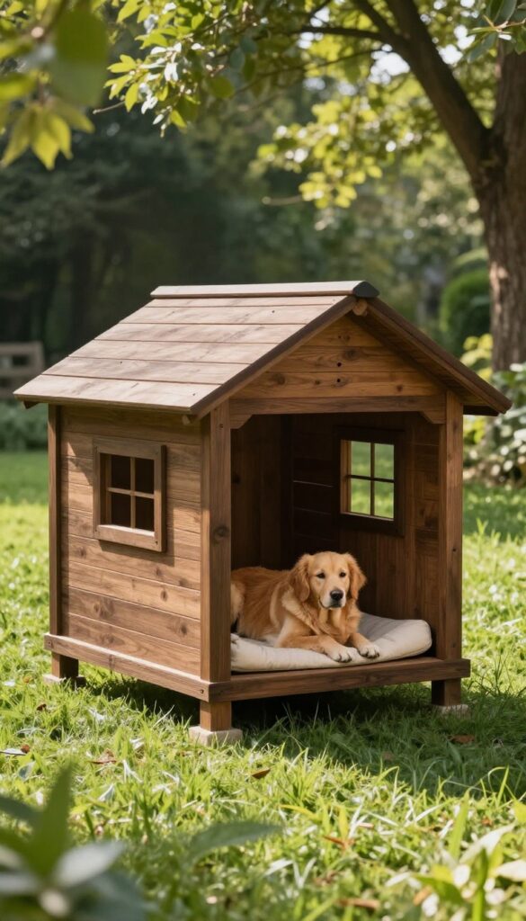 Outdoor dog house with porch and drainage in a sunny yard