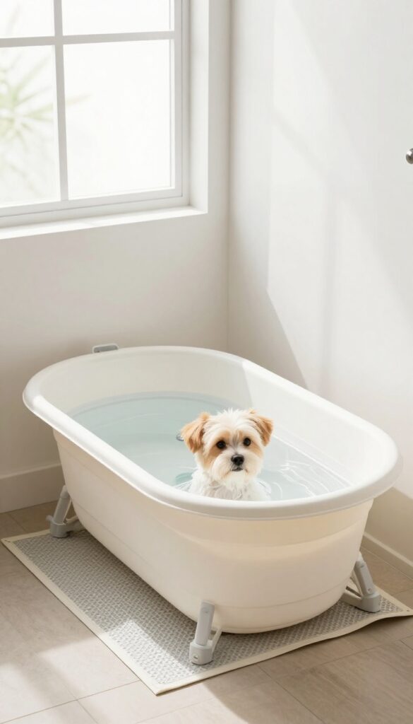 A photorealistic image of a foldable dog bathing tub in a bright laundry room setup for small spaces.