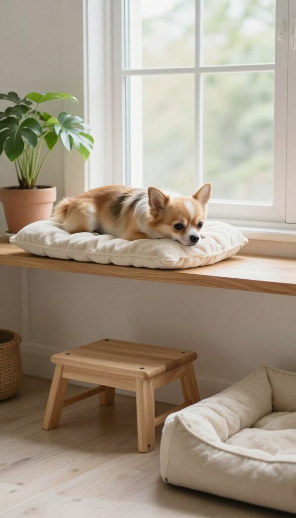 Small dog resting on a low wooden shelf perch near a window, with a step stool below, bright natural light, cozy home setting.