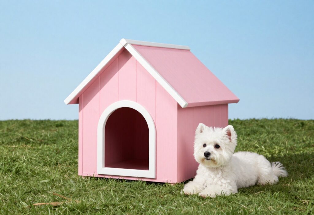 A pink A-frame dog house in a sunny backyard with a small white dog sitting beside it.
