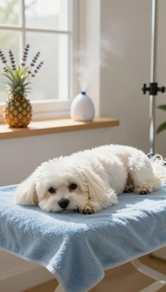 A calm dog resting in a bright grooming area with a diffuser and lavender plant, illustrating stress reduction for home grooming.