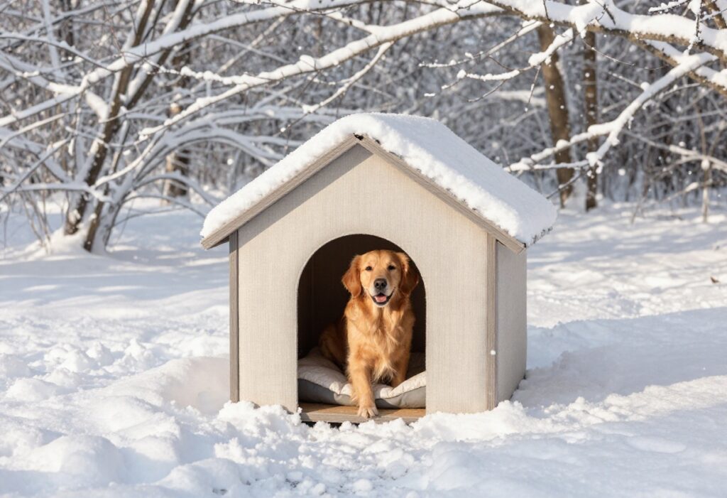 Cozy heated dog house in snow with golden retriever peeking out