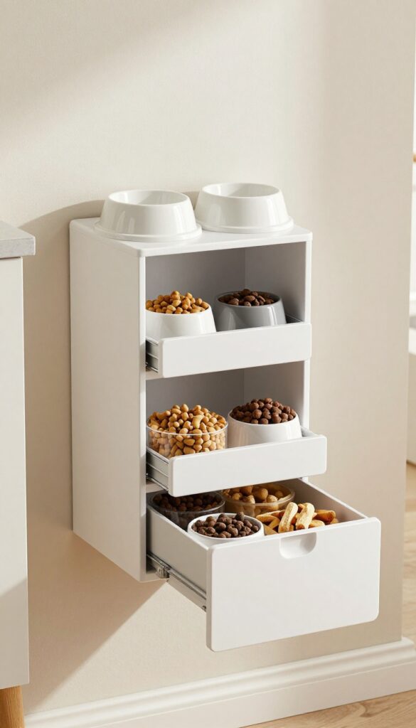 A wall-mounted dog feeding station with pull-out drawers in a bright, minimalist home setting, showcasing organized storage for pet supplies.