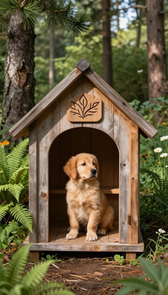 Rustic wooden dog house with leaf-carved sign in a garden setting, golden retriever puppy nearby