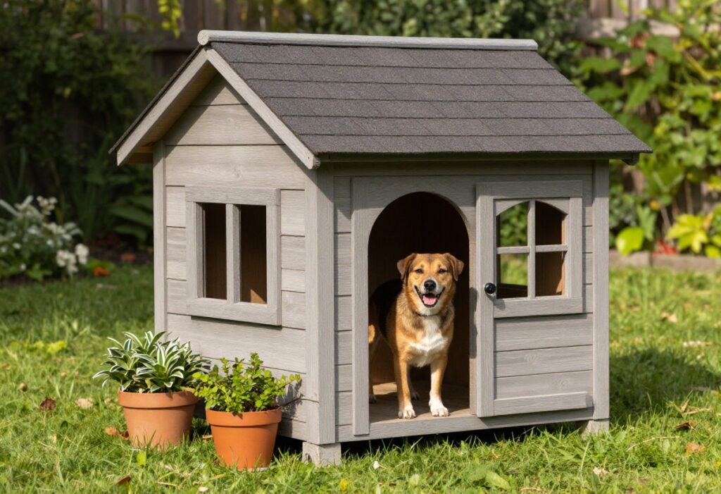 A wooden dog house in a sunny backyard with a dog peeking out