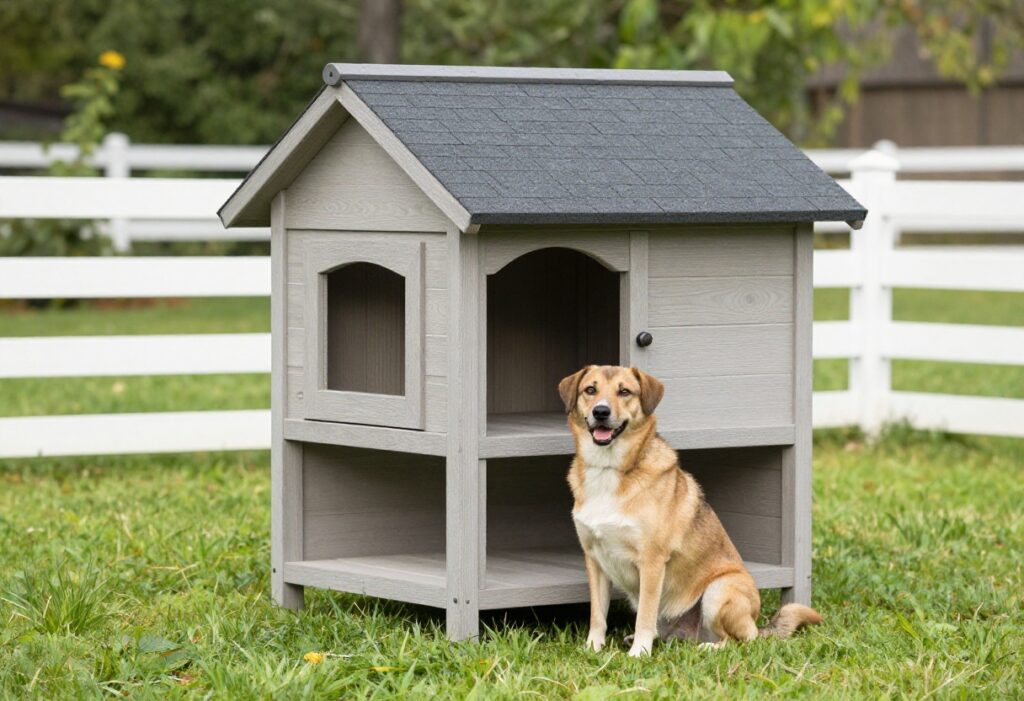 A wooden dog house in a backyard with a dog sitting in front of it.