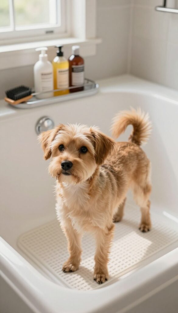 A dog in a bathtub with a non-slip mat and grooming caddy, illustrating a space-saving grooming setup for small homes.
