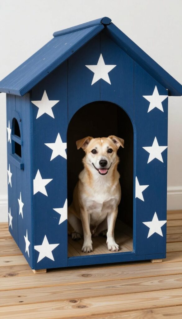 Navy blue dog house with white stars in a sunny backyard