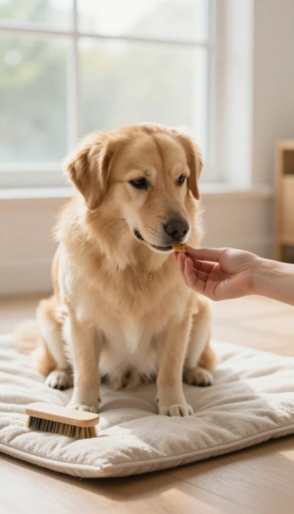 A dog receiving a treat during grooming to create a positive experience