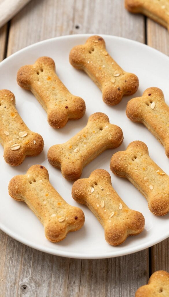 Homemade crunchy sweet potato and oat dog biscuits on a plain plate, showcasing their firm, crisp texture for canine enjoyment.